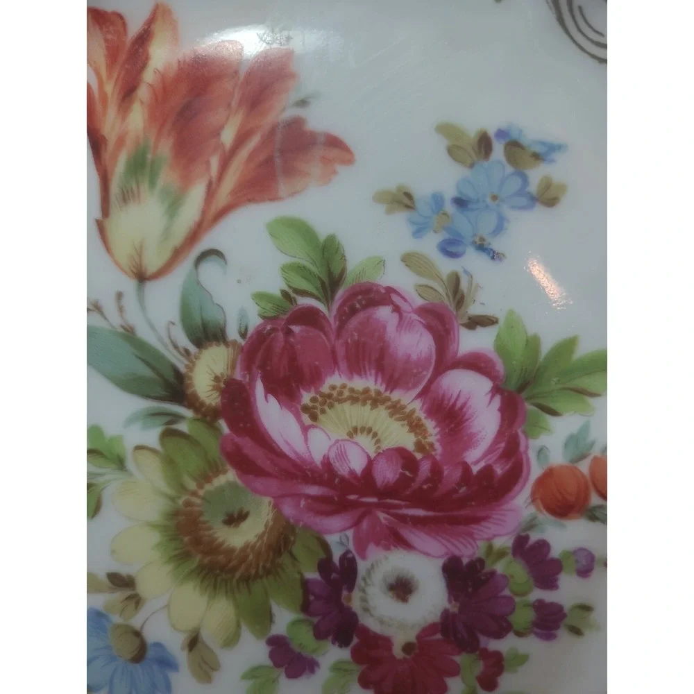 Rare E.S. Prussia Dresden Flowers Gilded Porcelain Bowl Plate Scalloped Openwork